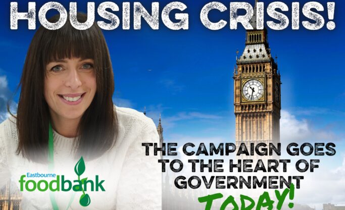 Housing crisis poster featuring foodbank logo and campaigns manager, Juliet Mead.