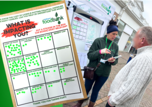 Foodbank staff member questions a shopper at the market stall